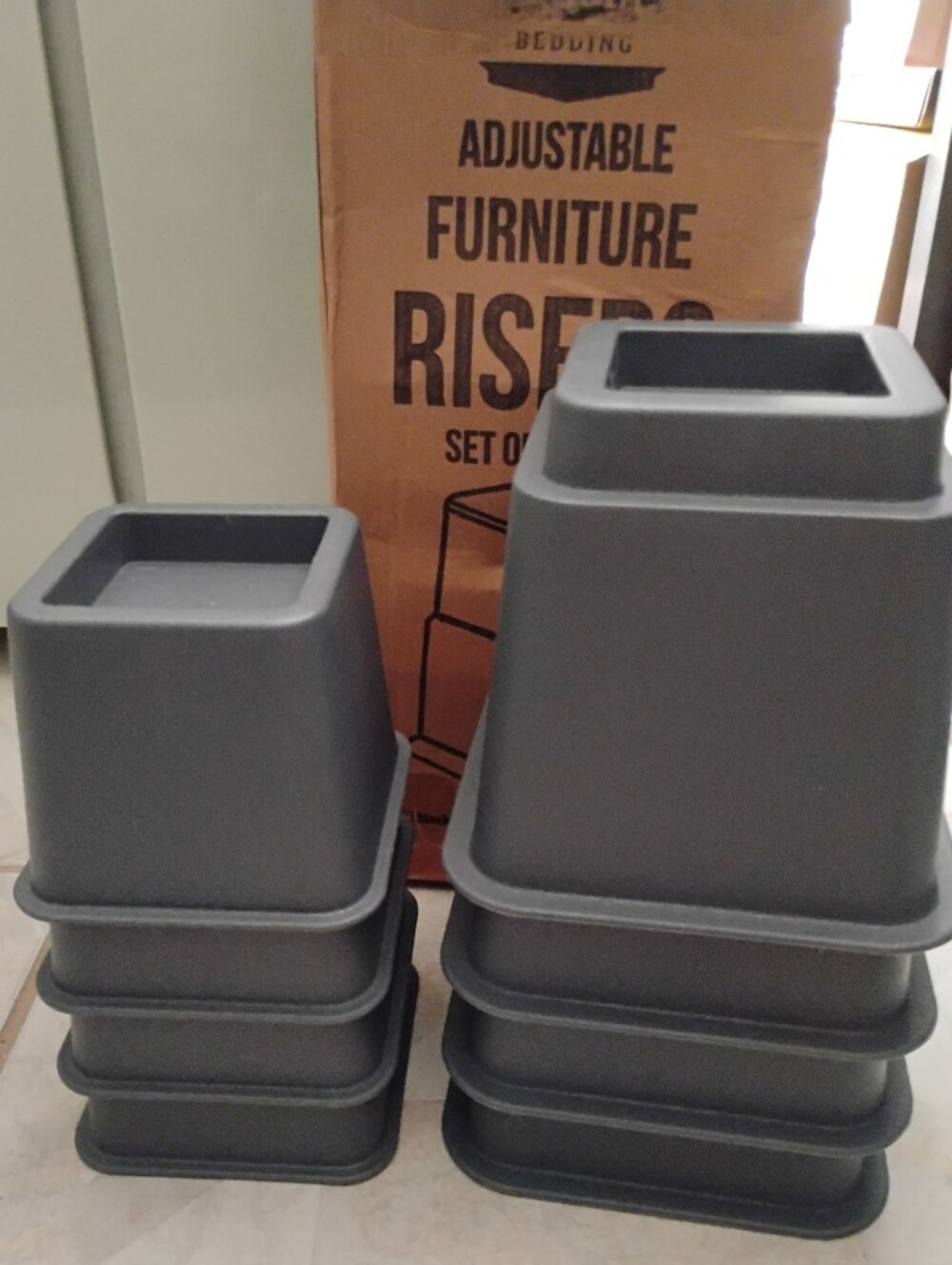 Bed Furniture Risers 8 Piece Set Adjustable 3 to 8 Inch Heights Gray